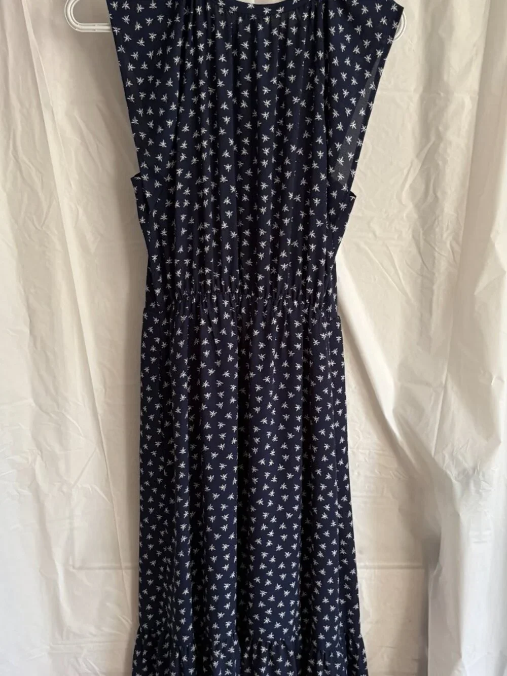 J.Crew Mercantile Navy & White Dragonfly Cap Sleeve Dress with Ruffled Bottom XS